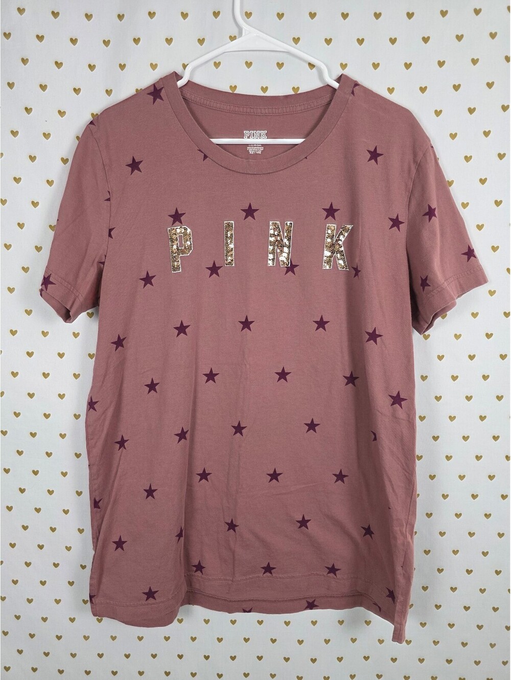 Victorias Secret PINK Star BLING Gold Sequined Large Tee shirt